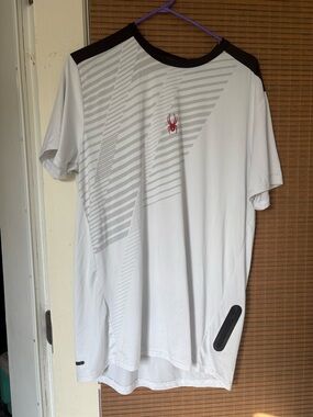 Spyder Men's White Short Sleeve Performance Tee with Black Collar and Red Logo